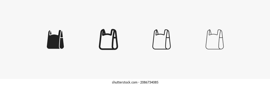 Small plastic shopping bag set isolated on white background. Black and linear bag for grocery and market. Vector illustration