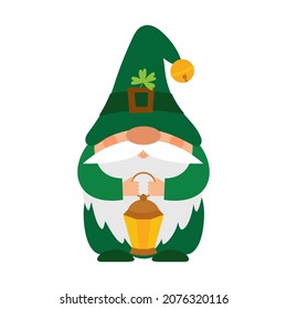 A small plump dwarf in a green cap with a bell and a clover holds a lantern in his hands. A little bearded gnome, a cute cartoon character in a flat style. Color vector illustration isolated on white