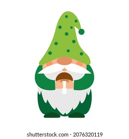 A small plump dwarf in a green polka dot cap holds a mushroom in his hands. A little bearded forest gnome, a cute cartoon character in a flat style. Color vector illustration isolated on white