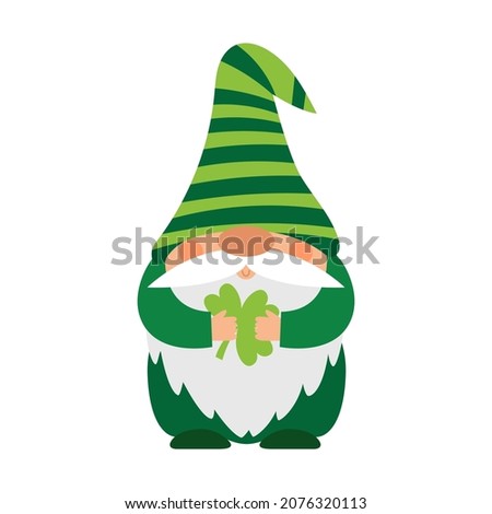 A small plump dwarf in a green striped hat holds a leaf of clover in his hands. A little bearded gnome, a cute cartoon character in a flat style. Color vector illustration isolated on white