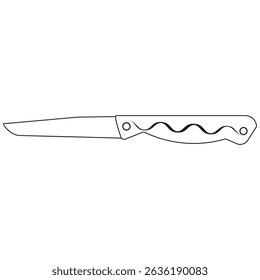 Small pointed blade. Compact curved handle. Black outline illustration. Household kitchen item.