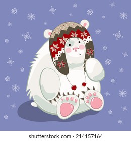 Small polar bear cub cartoon character wearing norvegian hat