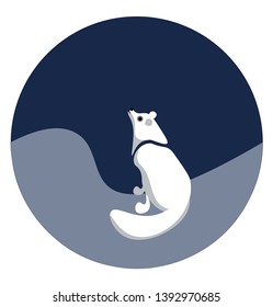 Un pequeño zorro polar nativo de las regiones árticas con cola espesa y cálida de piel bushy mira a la luna sobre el dibujo o ilustración de color vectorial de fondo azul