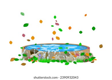 Small pond with falling autumn leaves on white background. Ornamental small pond with water and stones. Japanese garden element. Decorative public park landscaping. Water in well.Vector illustration