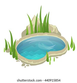 A small pond with grass for landscape design isolated on white background. Vector cartoon close-up illustration.