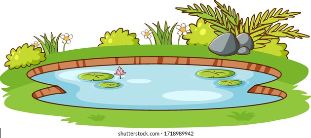 Small pond with green grass on white background illustration