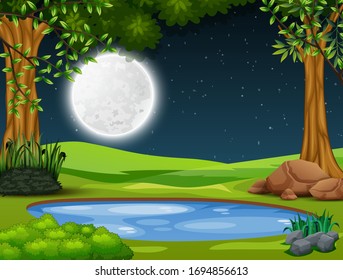 Small pond in the middle of the forest at night landscape