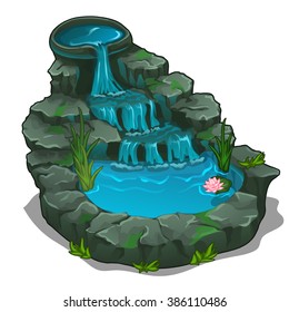 A small pond with a waterfall and water lilies for landscape design isolated on white background. Vector cartoon close-up illustration.