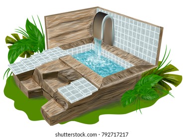 small pool in garden and green grass