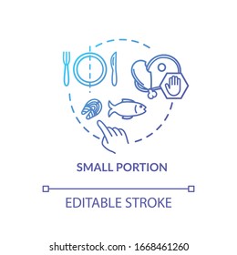 Icono de concepto de porción pequeña. Comer con cuidado, idea de nutrición consciente ilustración de línea delgada. Limitar el tamaño de la placa, evitar comer demasiado. Dibujo de color RGB con contorno aislado del vector