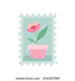 Small postage stamp with a flower. Simple drawing in pastel colors. Vector illustration drawn in cartoon style isolated on white background