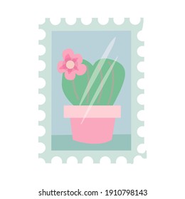 Small postage stamp with a flower. Simple drawing in pastel colors. Vector illustration drawn in cartoon style isolated on white background