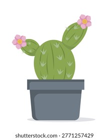 A small potted cactus with pink flowers shown in a simple flat graphic style on a clean white background, expressing growth and nature concept. Hand-drawn vector illustration