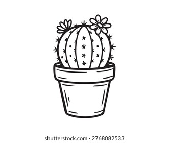 Small potted cactus sketch with flowers. Handdrawn black ink line art, whimsical boho vibe, simple terracotta pot, clean white background, delicate spines and starshaped marks, cozy desk companion