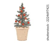 Small potted Christmas tree decorated with small fly agaric mushrooms, candies, and balls. Vector illustration isolated on white