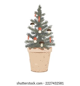 Small potted Christmas tree decorated with small fly agaric and brown mushrooms, and candies. Vector illustration with Glauca Conica Xmas tree isolated on white