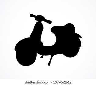Small power retro cruiser sportbike pictogram on light space for text. Freehand outline dark ink hand drawn logotype emblem picture design in art doodle modern style pen on paper. Closeup side view