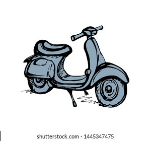 Sportbike-Piktogramm mit kleiner Leistung für den Retro-Cruiser auf dem Leichtplatz für Text. Freehand umreißen dunkle Tinte handgezeichnet Logo-Design in Logotype im Art Doodle moderne Stift auf Papier. Nahaufnahme der Seitenansicht