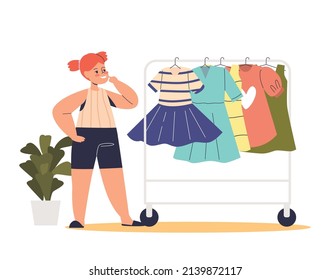 Niña pequeña de preescolar eligiendo vestirse colgado en la cremallera en la tienda o en casa. Niña vestida, prueba ropa nueva mientras compra. Dibujo vectorial plano de dibujos animados