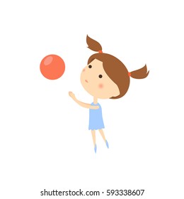 Small pretty girl with red ball. Cartoon kid playing vector illustration.