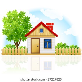 small private house with wooden drawning and tree - vector illustration