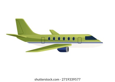 Pequeño avión de reacción privado, colores verde y blanco lima, forma aerodinámica moderna elegante, estilo plano profesional limpio, aislado en el fondo blanco, aviación civil. Ilustración vectorial.