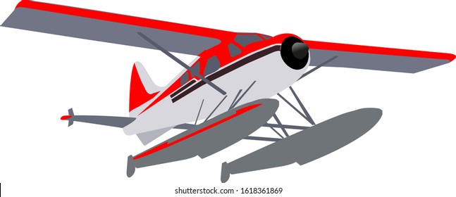 Small private seaplane on pontoons in gray-red coloring.