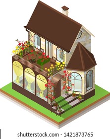 Small private stone house with bay window and roof garden. Isometric 3d isolated on white. Vector illustration