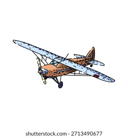 Pequeño avión de hélice volando por el aire ilustrando el arte de la aviación, el transporte aéreo, el turismo y los sueños de viaje y aventura con un estilo de boceto clásico