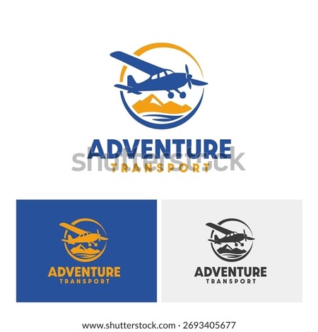 Small Propeller Plane Flying Over Mountains and River Adventure Transport Logo