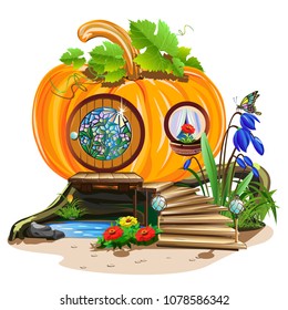 A small pumpkin house with a round door and stained glass windows. Fairytale vector illustration.