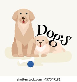 Small puppy and dog on pets background, domestic animal with pedigree vector illustration pictograms