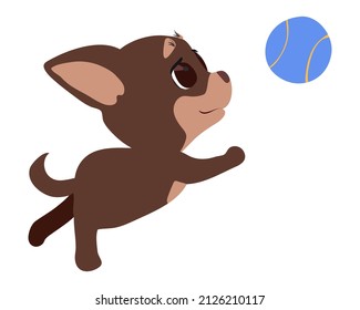 A small puppy is playing with a ball. Training and education of a small pet. Flat vector illustration. Eps10