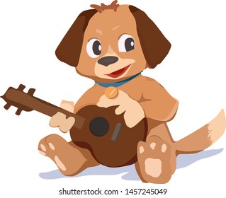 a small puppy plays on guitar alluring song