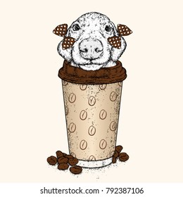 A small puppy is sitting in a glass for coffee. Vector illustration for a postcard or a poster, print for clothes.