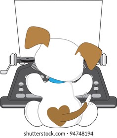 A small puppy with a wagging tail, is busy typing away on an old style typewriter.