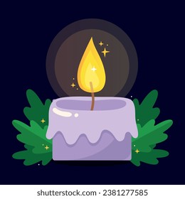 Small purple candle. Christmas candle. Aromatherapy, relax and spa design. New year. Burning candle with green leaves on dark background.