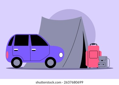 Small purple car parked beside gray tent in vibrant environment. Luggage next to tent. Preparation for fun outdoor adventure concept