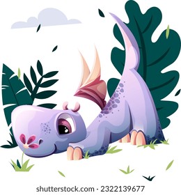 A small purple dragon dinosaur with big eyes landed to sniff a flower