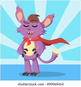 small purple monster pretend to be super hero