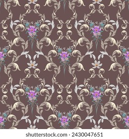 Small purple, pink flowers in a vintage baroque style mixed with Louis patterns in gray and white tones on a seamless dark gray background for digital printing, textiles, wallpaper.