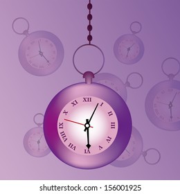 a small purple pocket clock with a chain in a patterned background