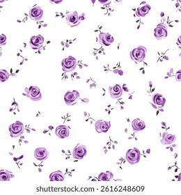 Small purple roses in a pattern on a white background, tiny flower seamless pattern vector illustration, doodle summer, kids and baby designs for print fabric.