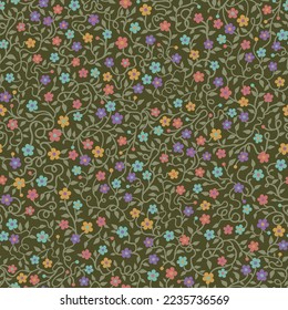 Small purple, turquoise, brown and yellow flowers with a curly green vapor on a light green background. Fashionable and vintage pattern.