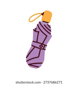 Small purple umbrella stays folded and compact for easy carrying in a bag or pocket. Portable lilac accessory provides quick shelter during unexpected spring rain showers while traveling.