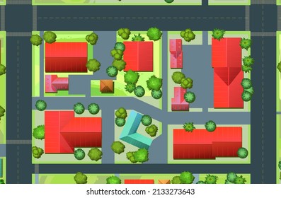 Small quarter. Streets of city. Top View from above. Small town house and road. Map with roads, trees and buildings. Modern car. Cartoon cute style illustration. Vector