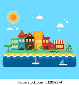 Small quiet seacoast illustration: houses with the tiles, trees, palms, road, sea coast, car and sailfish. Vector flat illustrations