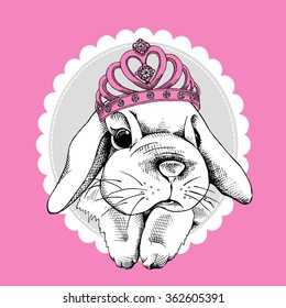 Small rabbit with a crown on pink background. Vector illustration.