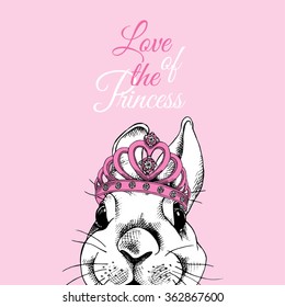 Small rabbit with a crown on pink background. Vector illustration.
