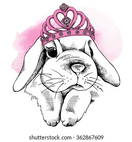 Small rabbit with a crown on pink background. Vector illustration.